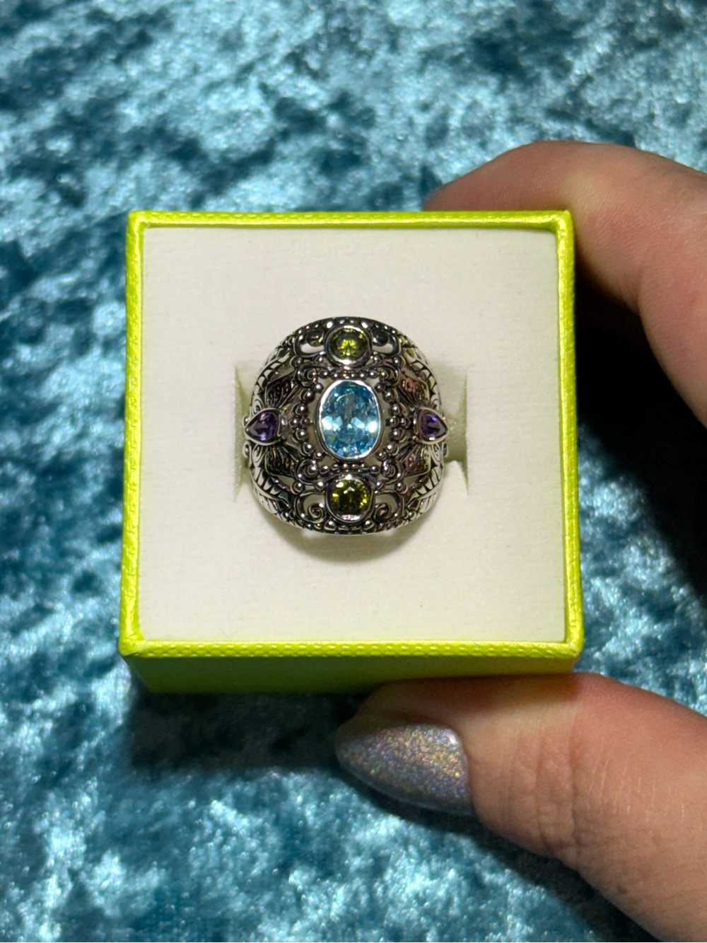 Sterling Silver CZ Blue Topaz Amethyst Peridot Butterfly Filigree Cocktail Ring